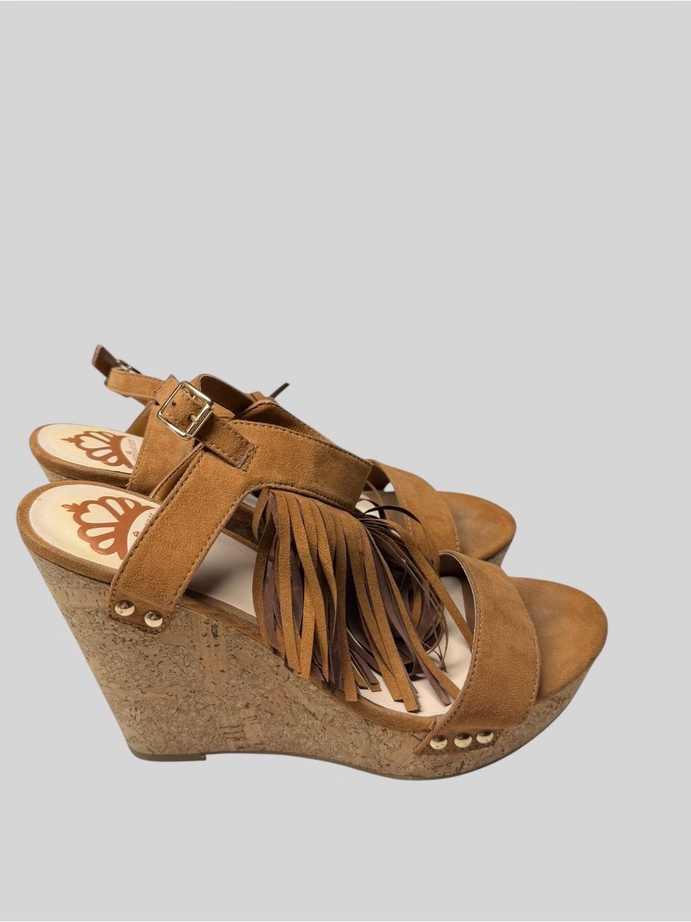 Fergalicious Tan Suede Fringe Cork Wedge Sandals